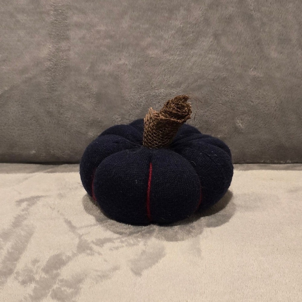 Navy Blue Knit Fabric Pumpkin Fall Decor Burlap Stem Red Ribbed Accent 5"